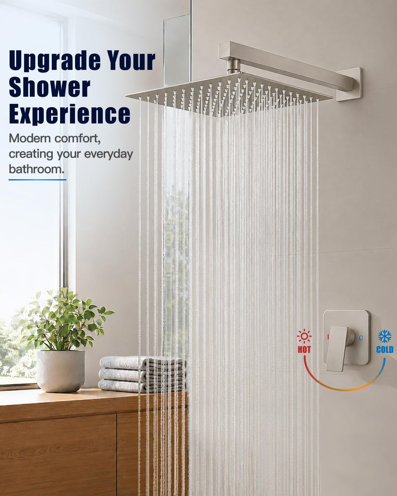 12 Inch Square Rain Shower Faucet Set with Valve, Brushed Nickel