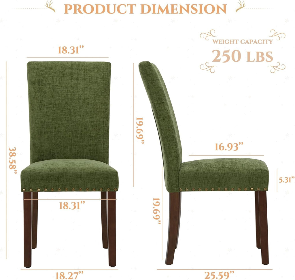 Parsons Dining Chairs Set of 2, Upholstered Nailhead Dining Room Kitchen Side Chair with Thick Cushions and Wood Legs