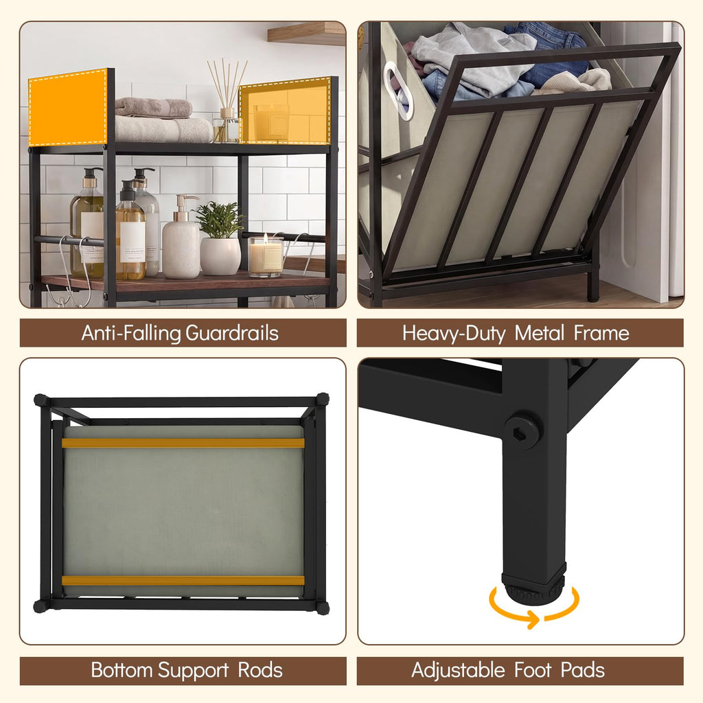 Tilt out Laundry Hamper, Space Saving Bathroom Storage Cabinet with Removable Basket, 2 Open Shelves & 4 Side Hooks