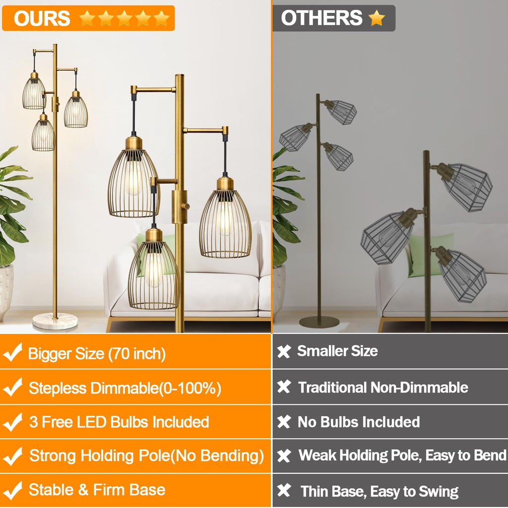 Dimmable Floor Lamps, Industrial Standing Lamp with Marble Base, Antique Brass Tree Tall Pole Light with 3 Elegant