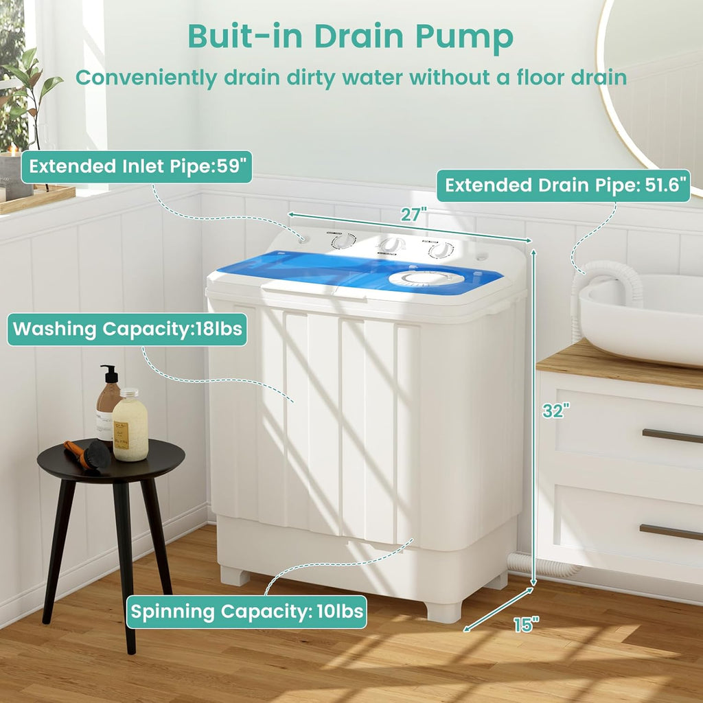 28 Lbs Portable Washing Machine, Portable Washer for Apartment with 18 Lbs Washer, 10 Lbs Spinner, Mini Compact Top