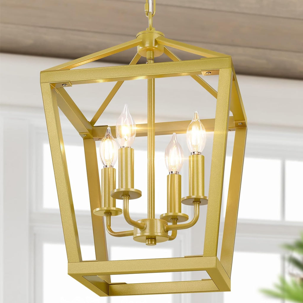Gold Chandelier 4-Light, Farmhouse Pendant Light Fixture Adjustable Height, Modern Dining Room Light Fixture, Lantern Ceiling Hanging Lighting with Metal Cage for Kitchen Island Entryway Foyer A128-B0D3G5644B