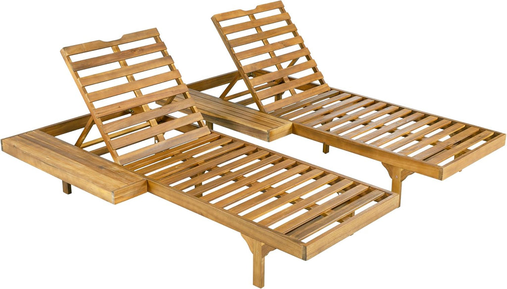 Acacia Wood Outdoor Chaise Lounge Set, 2 Recliners with 3-Fold Dark Grey Cushions, 5-Position Adjustable Double