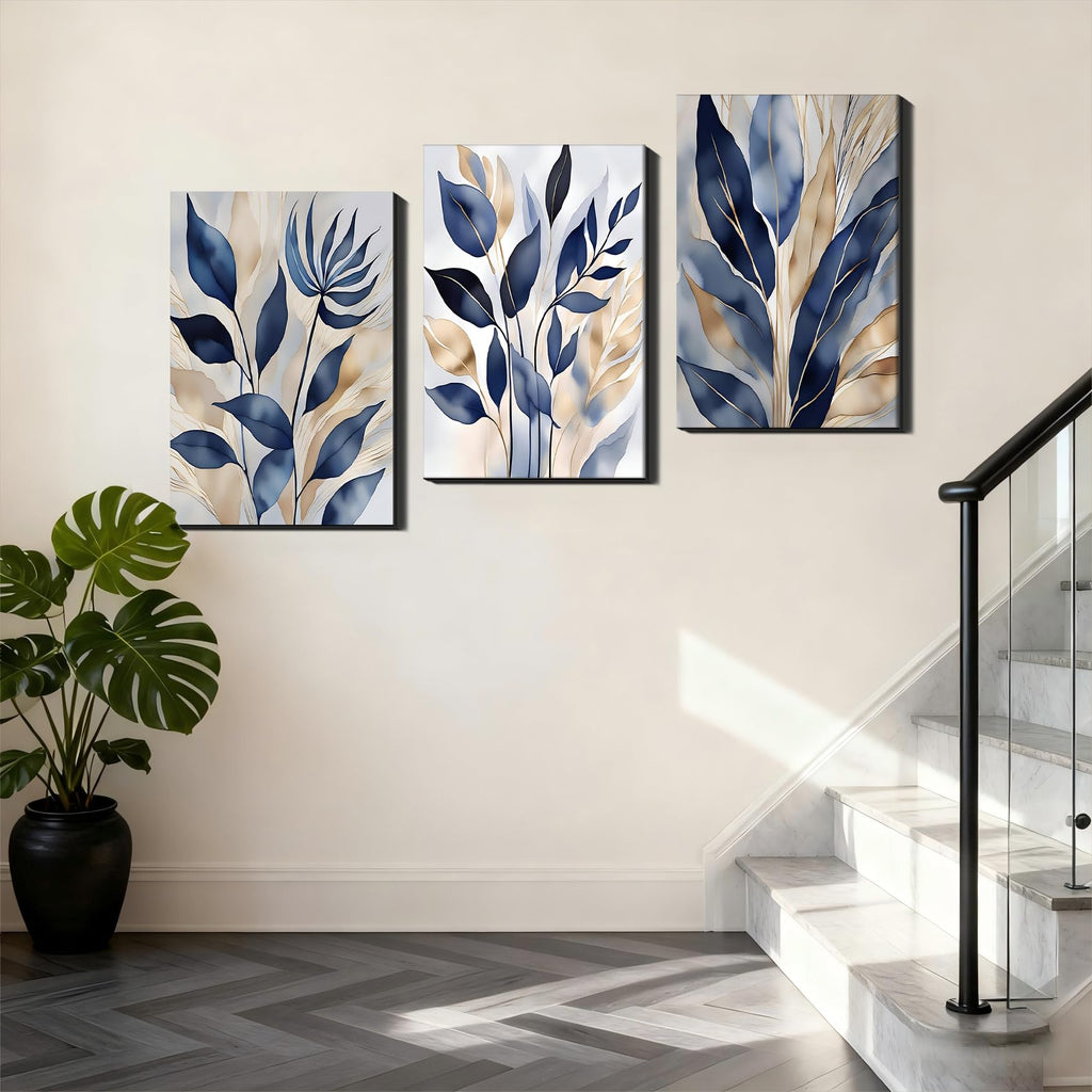 Blue and Gold Botanical Set of 3 Canvas Wall Art, Elegant Leaf Prints Pictures, Large Modern Neutral Paintings