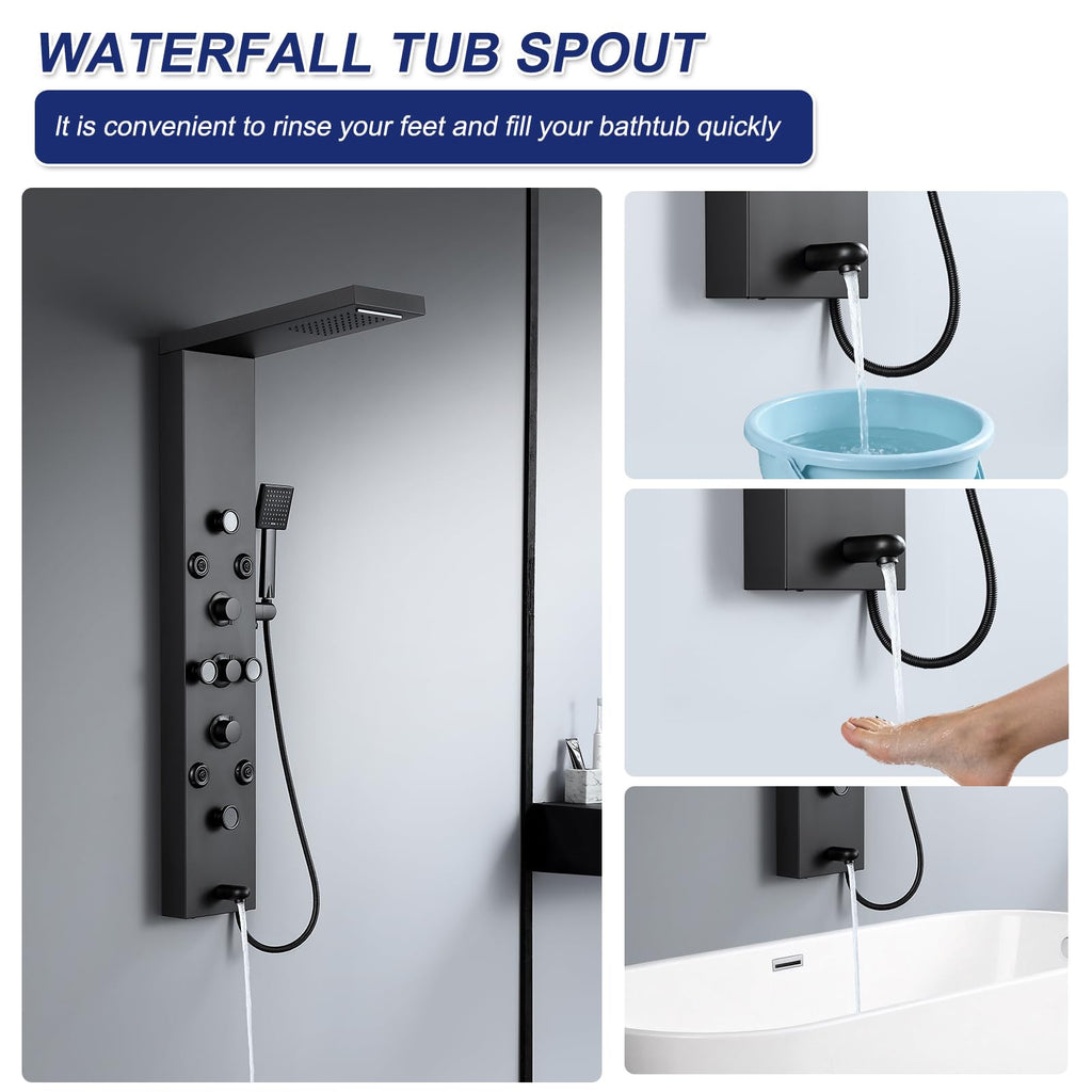 6 in 1 Rainfall Waterfall Shower Panel Tower System Matte Black
