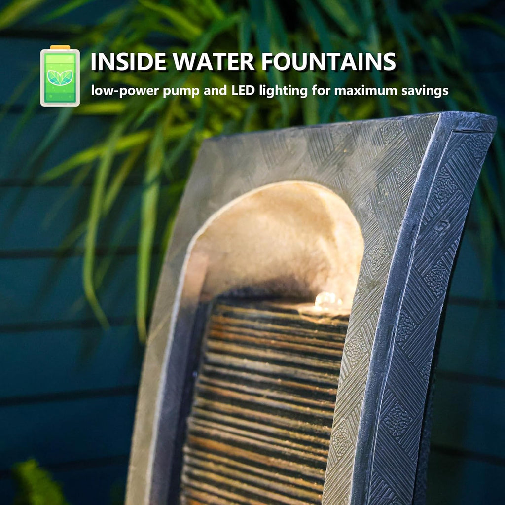 Modern Indoor Water Fountain Curved Faux Slate Waterfall Fountain with LED Lighting, 42.5-Inch Tall Tiered Waterfall