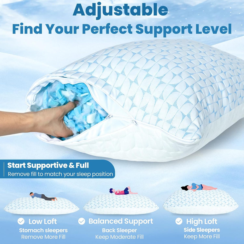 King Size Cooling Firm Shredded Memory Foam Pillows Set of 2 | Adjustable Bed Pillows for Hot Sleepers and Side Back