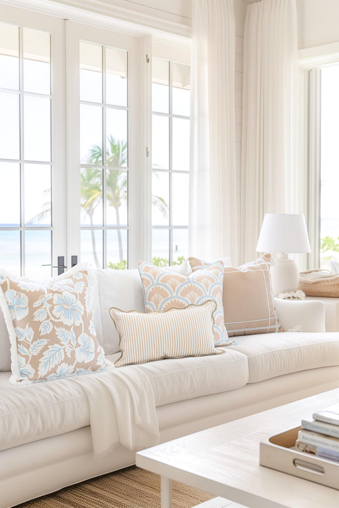 Coastal Patio Indoor Outdoor Scalloped Lumbar Pillow Cover Only, 12"x20" Water Repellent for Backyard, Couch, Neutral