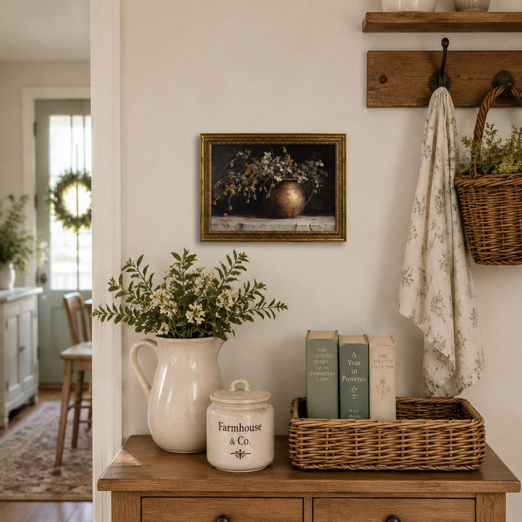 Gold Framed Vintage Eucalyptus Canvas Wall Art Rustic Farmhouse Copper Vase Botanical Pictures Print Moody Autumn