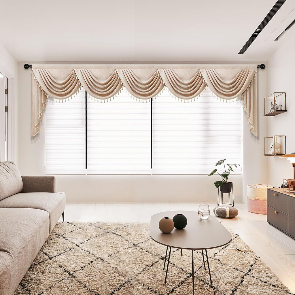 Japanese Style Modern Curtain Valance Faux Linen Curtain Solid Coffee with Beige Tassel Valance(138inch, 1 Panel)