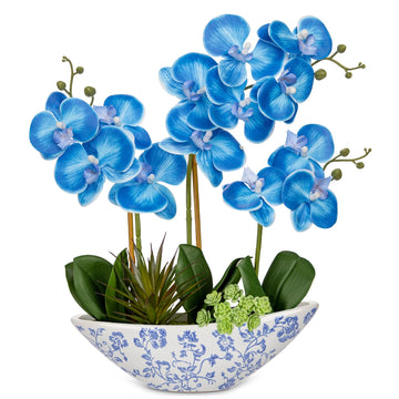Blue Orchid Fake Flowers 17in Artificial Orchid Silk Flowers in Blue and White Vase Faux Orchid Arrangement Bathroom