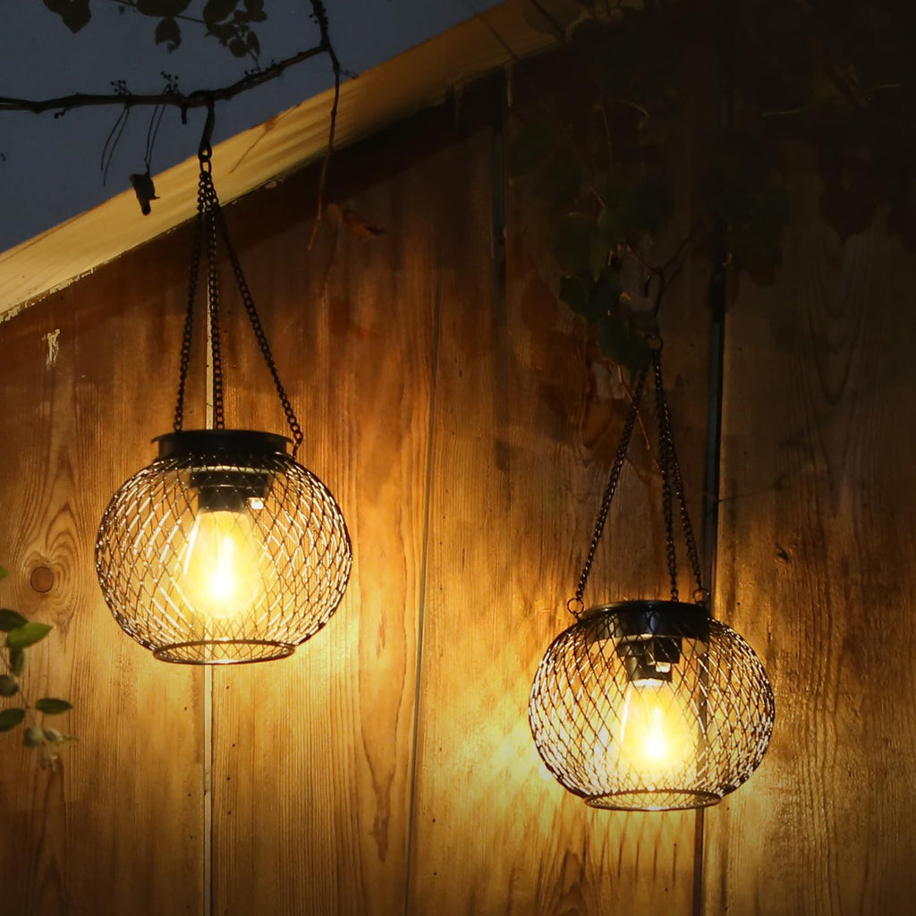 Solar Lantern Outdoor Waterproof, Hanging Solar Lights, 2 Pack, Black