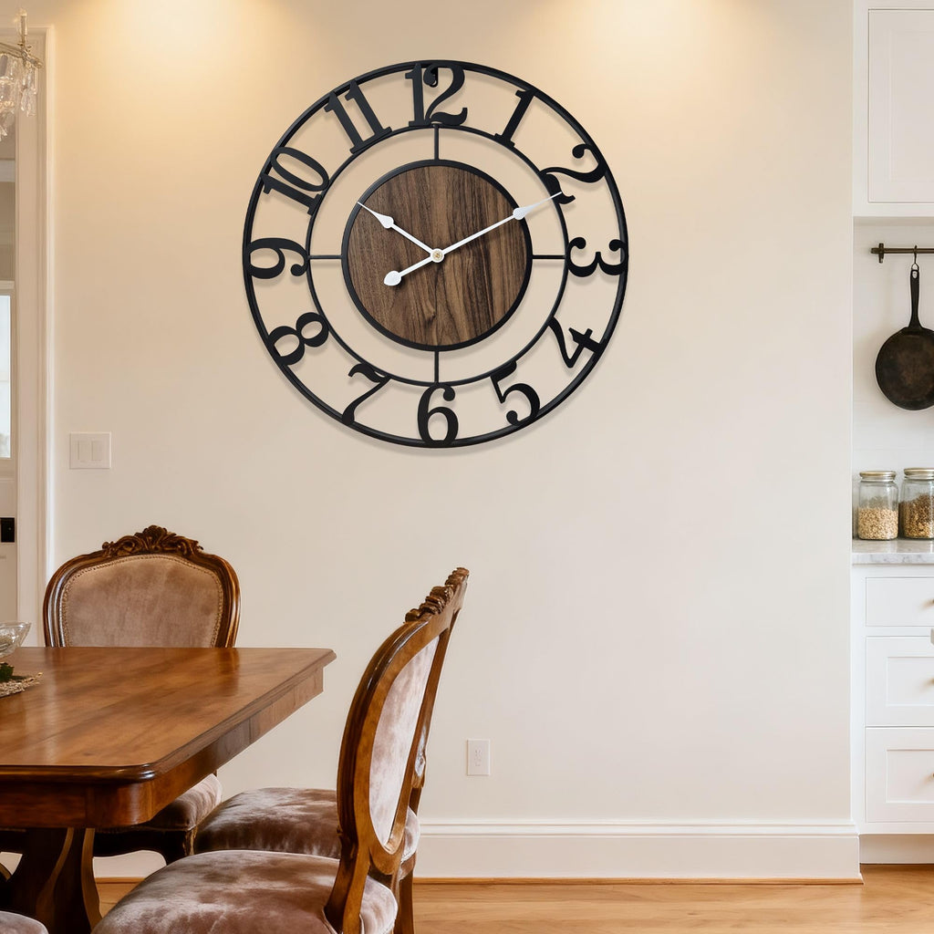 Large Metal Wall Clock, 30 Inch Retro Decorative Silent, Non Ticking, Battery Operated Modern Big Wood Wall Clock