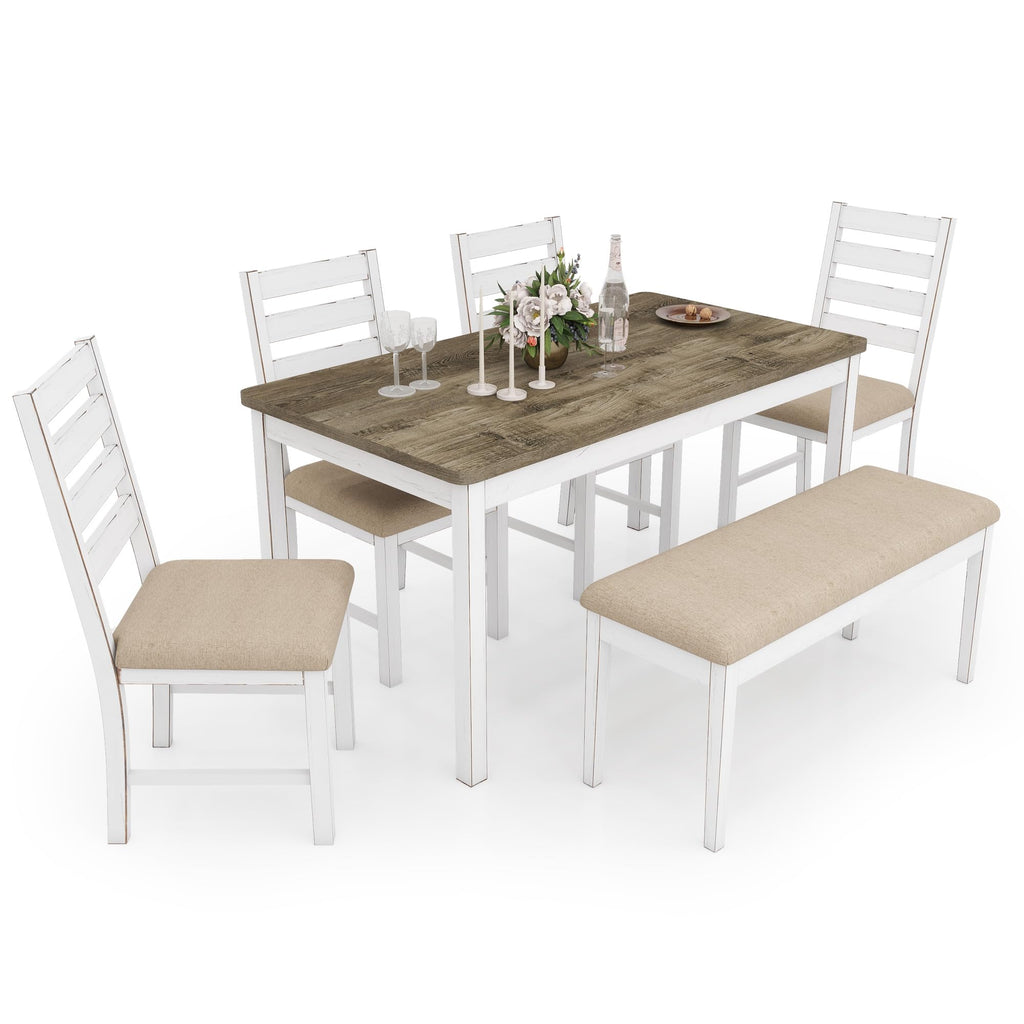6 Piece Farmhouse Dining Table Set with 4 Chairs and 1 Bench