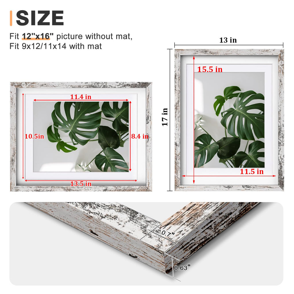 12x16 Picture Frame Rustic White Covered by Plexiglass Made of Solid Wood, Display Pictures 9x12 and 11x14 with Mat