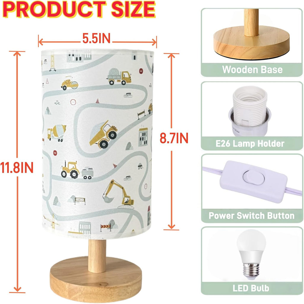 Kids Desk Lamp Boy,Reading Car Lamp, Way Dimmable Bedside Night Light with Cartoon Pattern Printed Shade and Wood