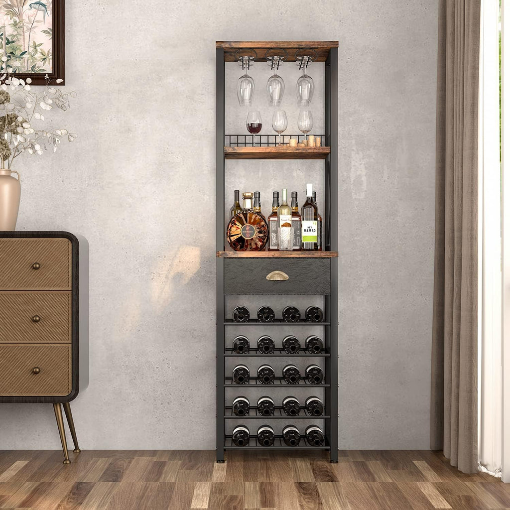 Wine Rack Freestanding Floor, Bar Cabinet for Liquor and Glasses | 4-Tier bar Cabinet with Tabletop, Glass Holder