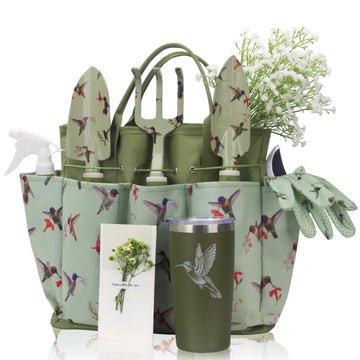 Garden Tool Set with Hummingbird Print, Heavy Duty Gardening Hand Tools with Garden Tool Bag, Gardening Gifts for
