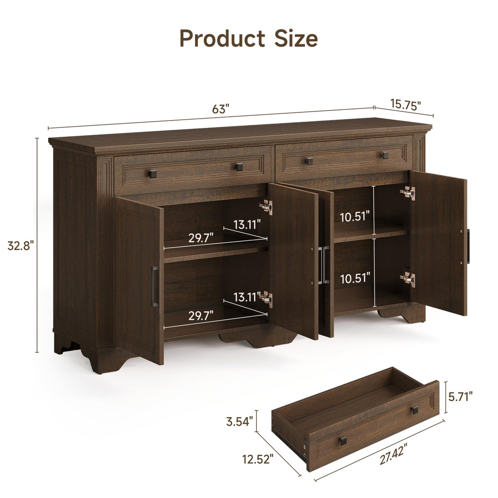 63" Sideboard Buffet Cabinet, Large Credenza with Drawers Walnut
