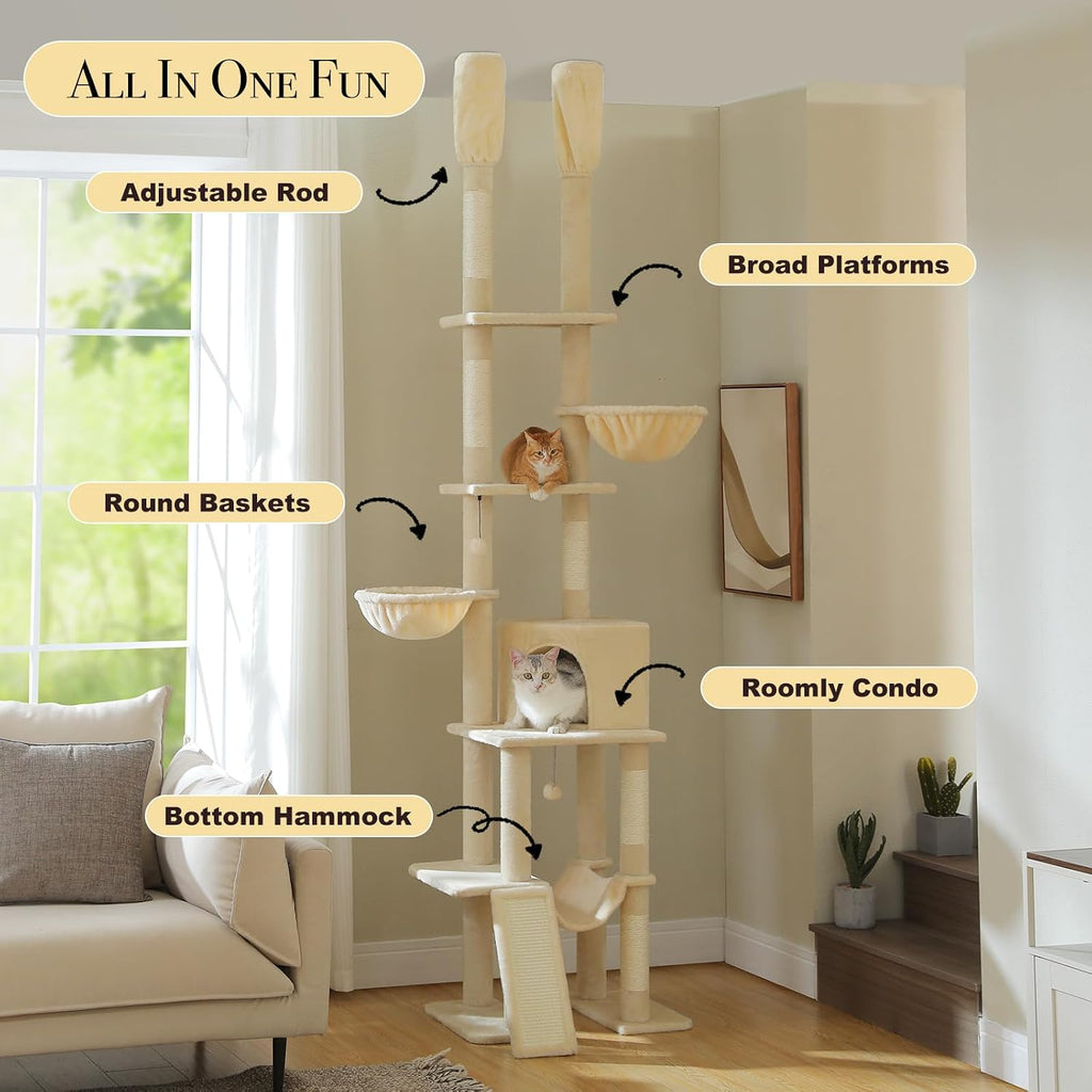 Floor to Ceiling Cat Tree, 85-112" Tall Cat Tower with Dual Posts