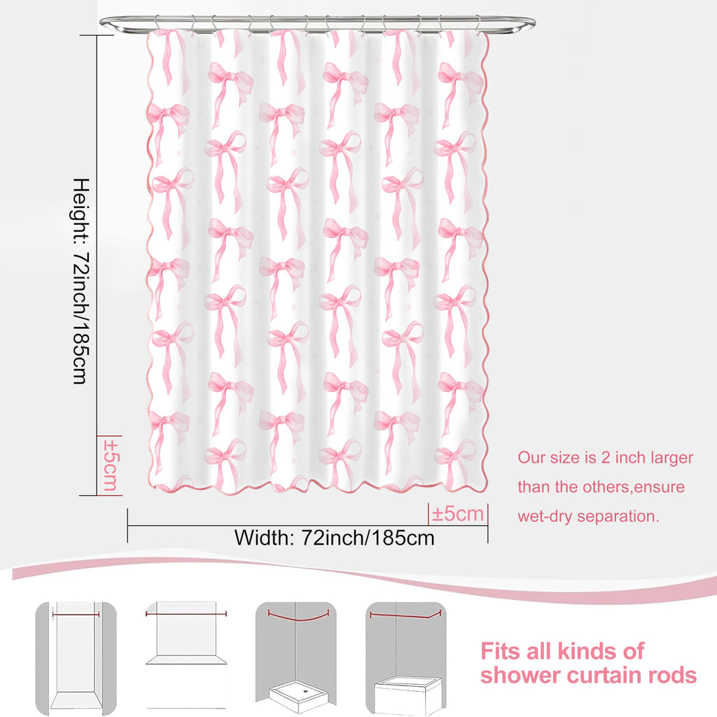 Girls Pink Bow with Scalloped for Preppy Bathroom Decor, Cute Ruffle Girly Shower Curtains, Coquettecute Chic Aesthetic