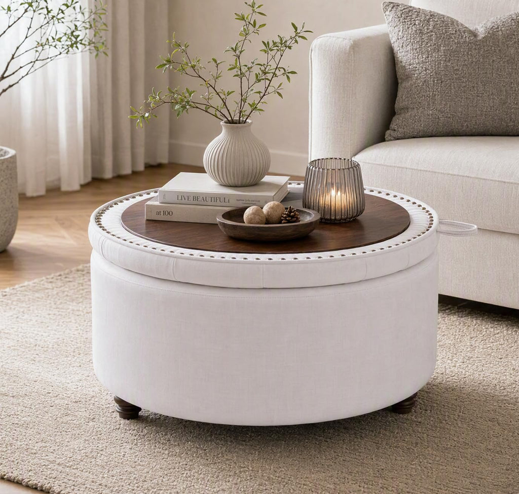 30" Round Storage Ottoman Coffee Table, Tufted Lid & Wood Top, Beige