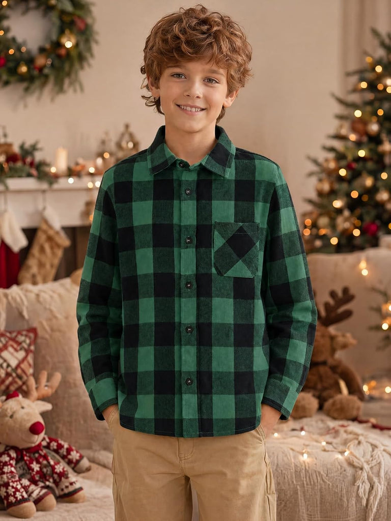 Boys Flannel Plaid Long Sleeve Button Down Shirts