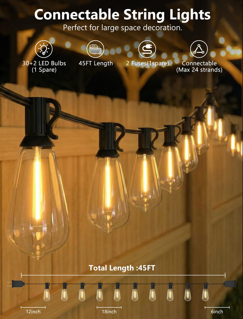 45FT Outdoor String Lights, 30 ST40 Edison LED Patio Lights