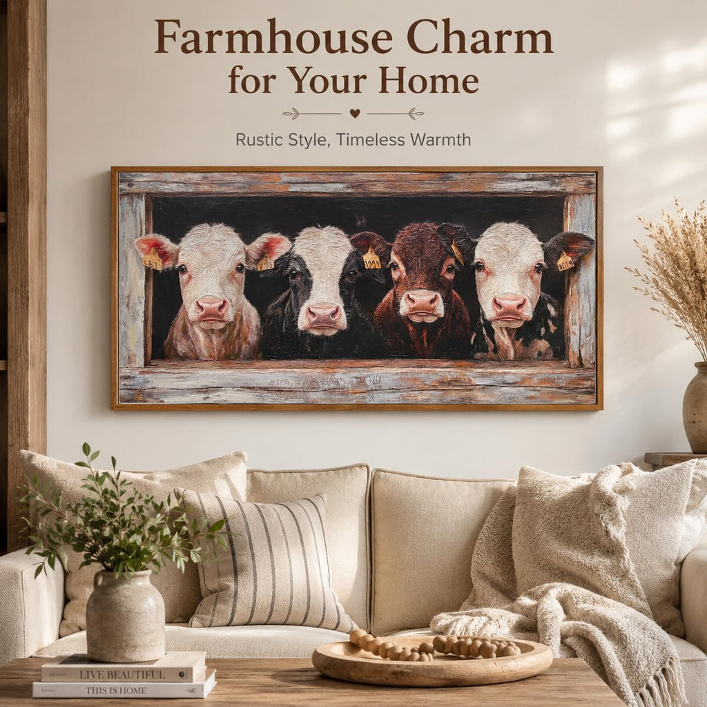 Framed Farmhouse Cow Herd Canvas Wall Art 16X32 Inch