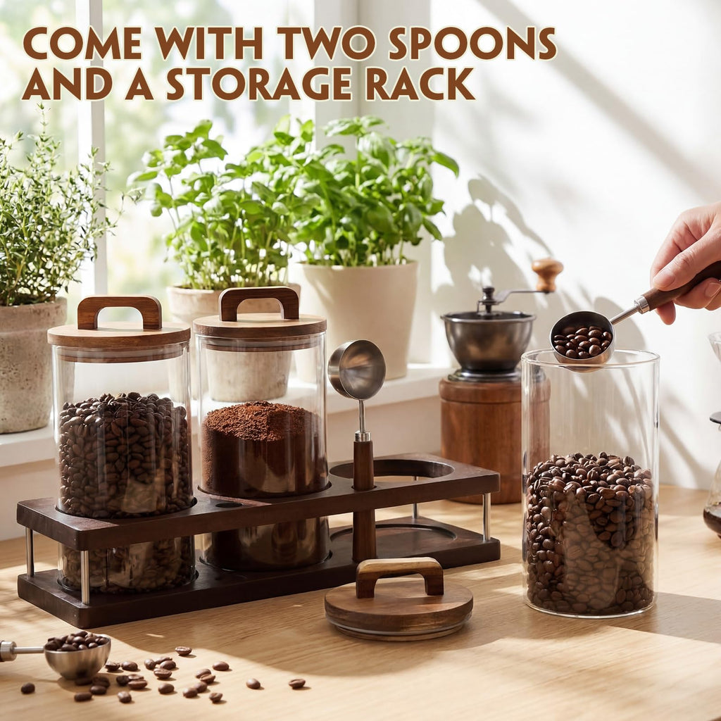 3 Pcs 42 oz Glass Coffee Grounds Container with Shelf Glass Coffee Bean Storage Canisters with Airtight Lid and