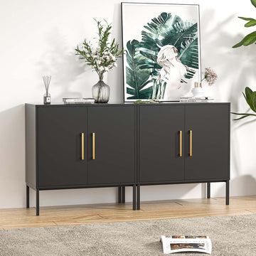 Set of 2 Storage Cabinets with Adjustable Shelf and Gold Handle, Black丨Buffet Cabinet with Storage, Accent Cabinet