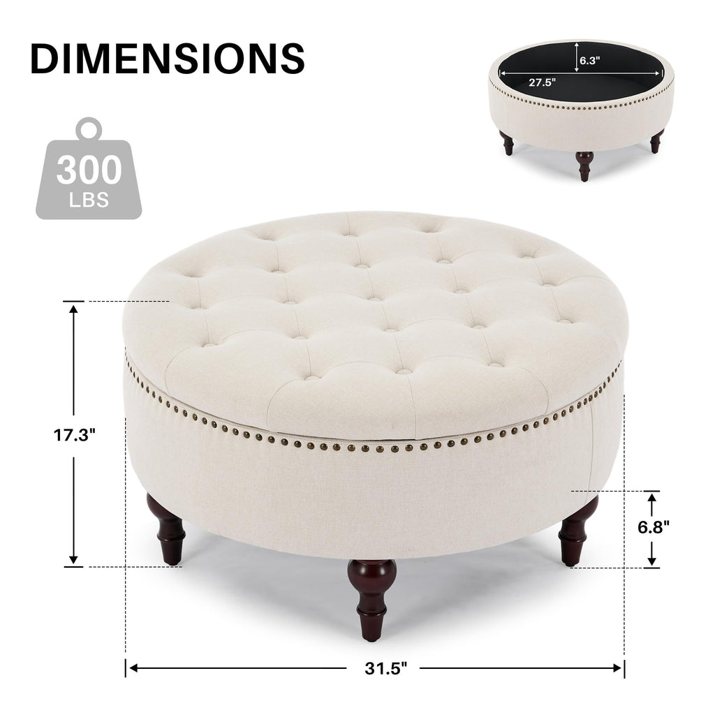 31.5" Round Storage Ottoman, Tufted Linen Coffee Table, Beige