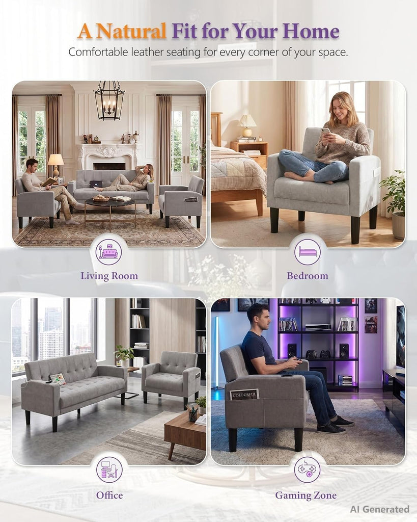 Sofa Couch, Living Room Furniture Sectional Sofa Sets 3 Pcs, Tufted Mid-Century Loveseat w/USB, Cupholders & Comfy