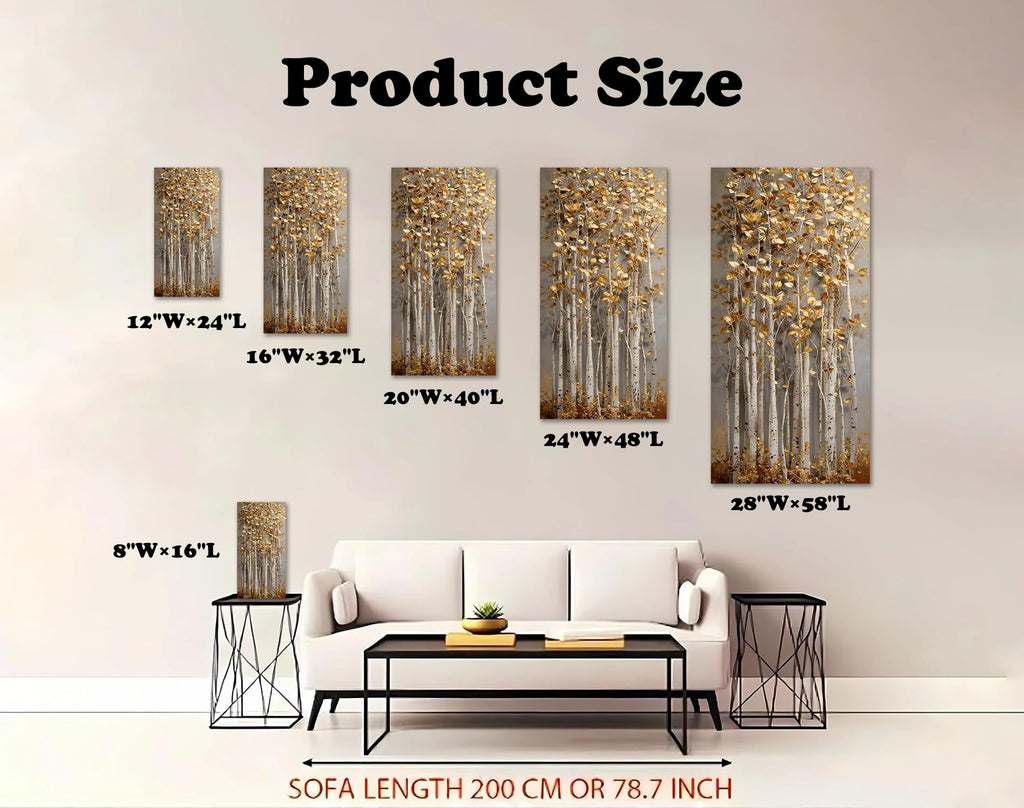 Birch Tree Canvas Wall Art, Gold-Tone 3D Visual Effect Forest Artwork, Flat-Printed Gallery Wrapped Canvas, Vertical