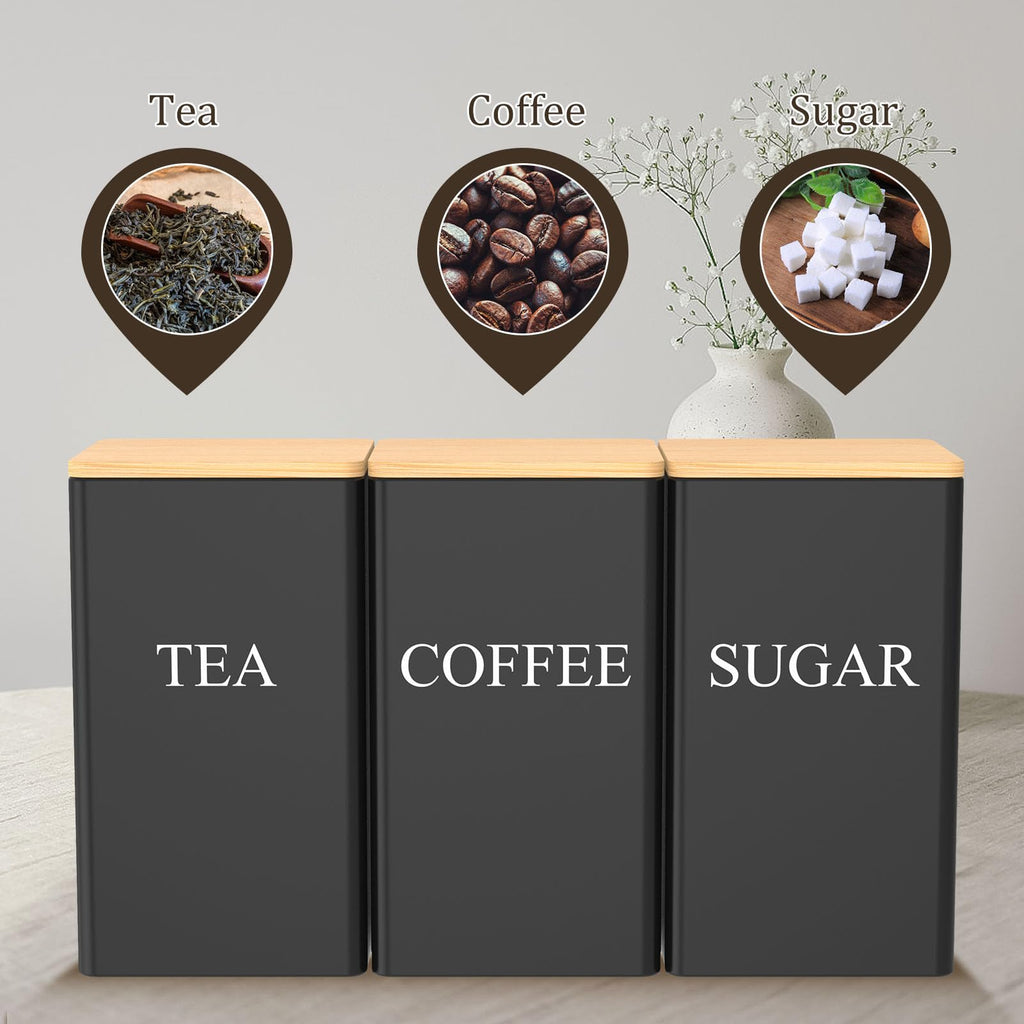 3 Pcs Coffee Tea Sugar Container Set, 1000 ml Vintage Kitchen Canister Set with Bamboo Lids, Metal Food Storage