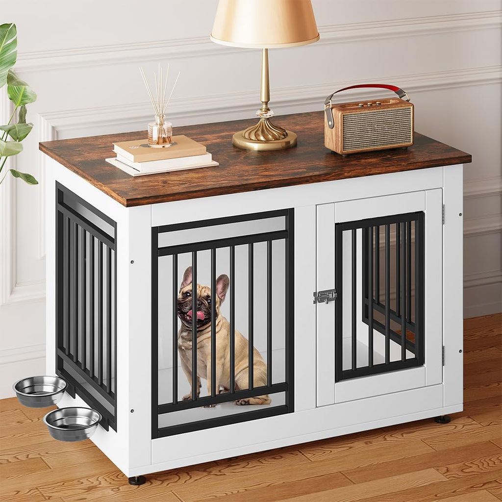 35" Dog Crate Furniture, Wooden Side End Table with Adjustable Feet and Removable Bowls, Dog Kennel Indoor for Small