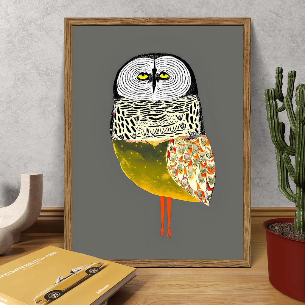 Funny Owl Wall Art, Whimsical Bird Wall Decor Painting Cute Animal Poster Canvas Print Picture for Farmhouse Living