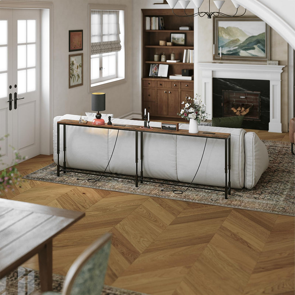 102.4" Behind Couch Table Adjustable Height 23.8~34.8" with 2 Charging Stations, 5.9" Narrow Console Table Skinny