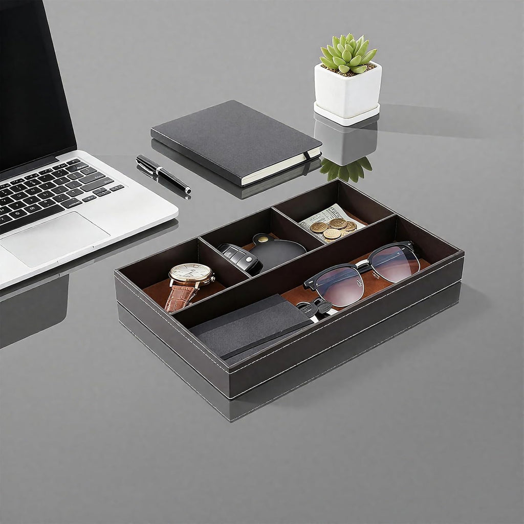 Valet Tray for Men, Mens Valet Tray Stackable Leather Organizer, Brown Drawer Trays for Watch, Wallet - Set of 2