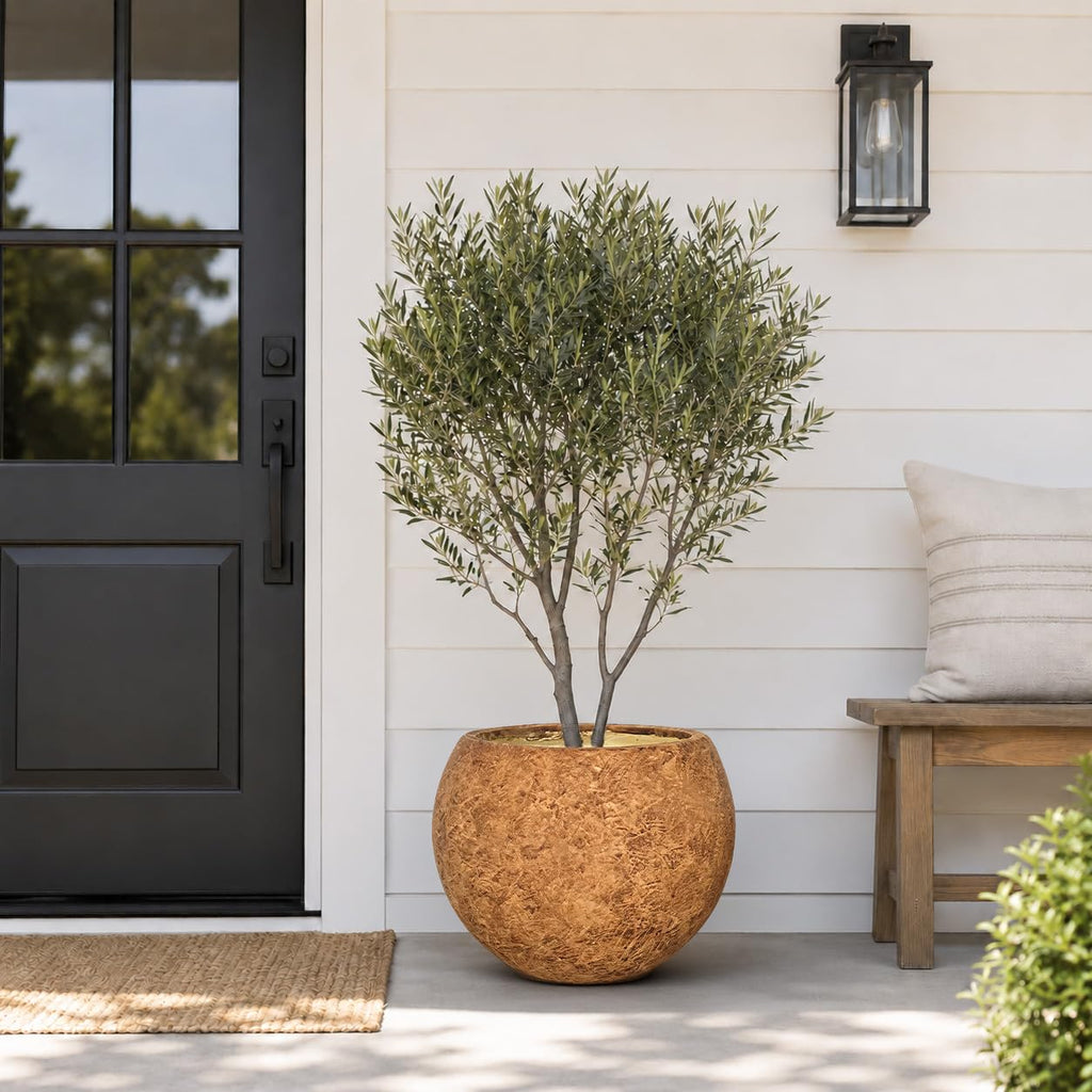 13.5" H x 17" Dia Round Brown Fiberstone Planter Pot with Drainage Hole, Lightweight UV-Resistant Stone-Look