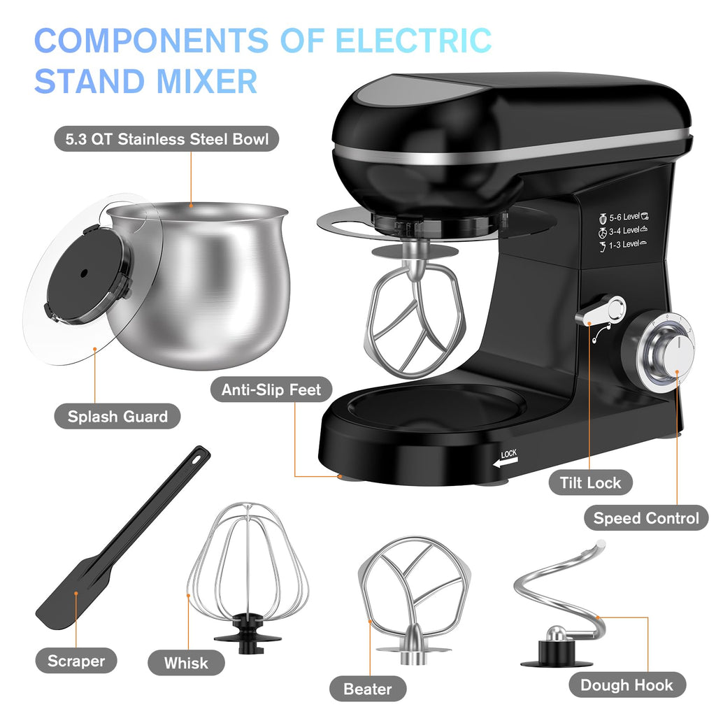 Electric Stand Mixer with 5.3 Quart, Cake Mixer with Stainless Steel Bowl and Stand, Kitchen Mixer Tilt-Head Design
