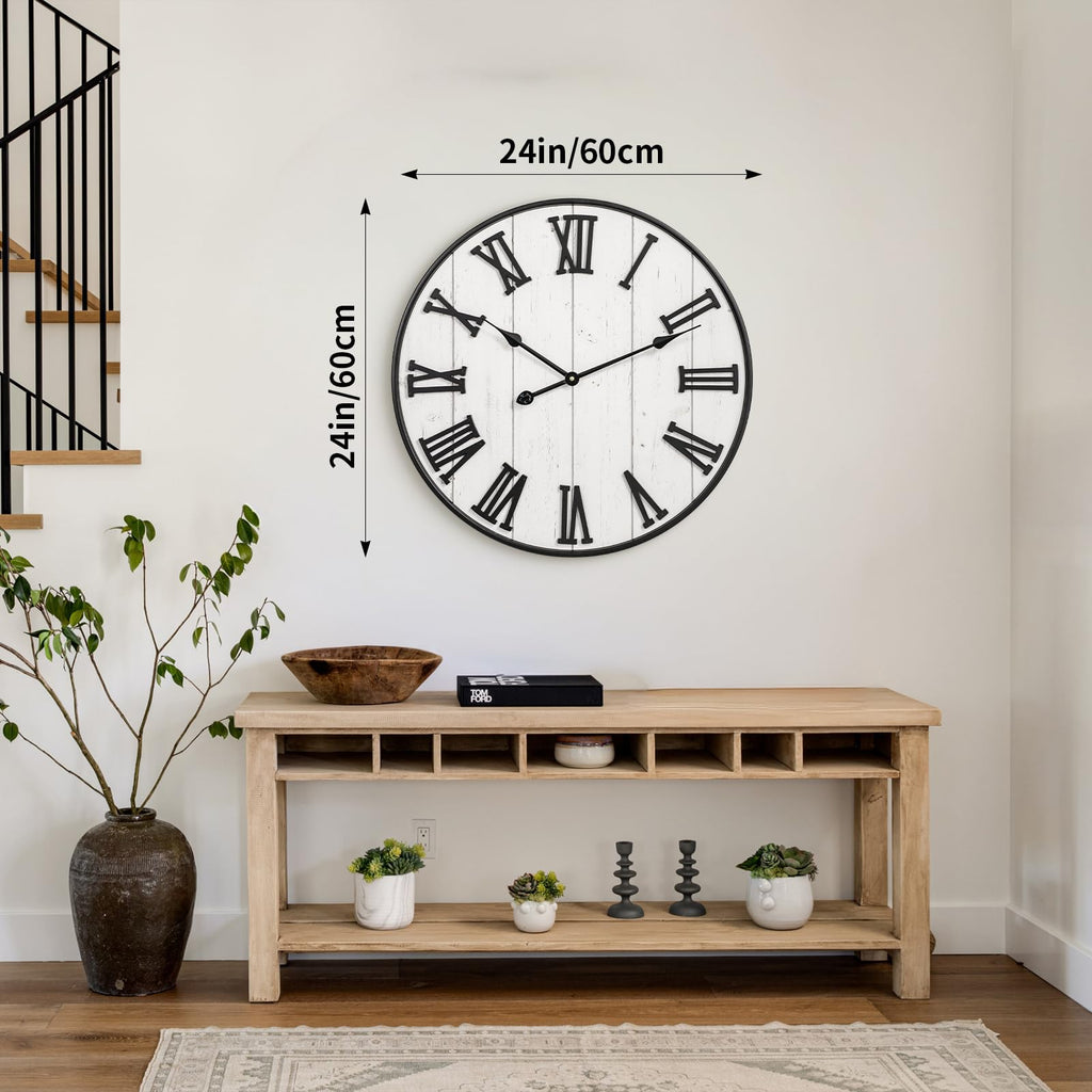 Large Rustic Wooden Wall Clock, 24 Inch Whitewashed Farmhouse Wall Clock with Carved Roman Numerals, Silent Battery