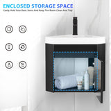 22" Corner Bathroom Vanity with Sink – Wall-Mounted Floating Cabinet for Small Spaces, White Resin Sink with Matte Black Faucet, Black