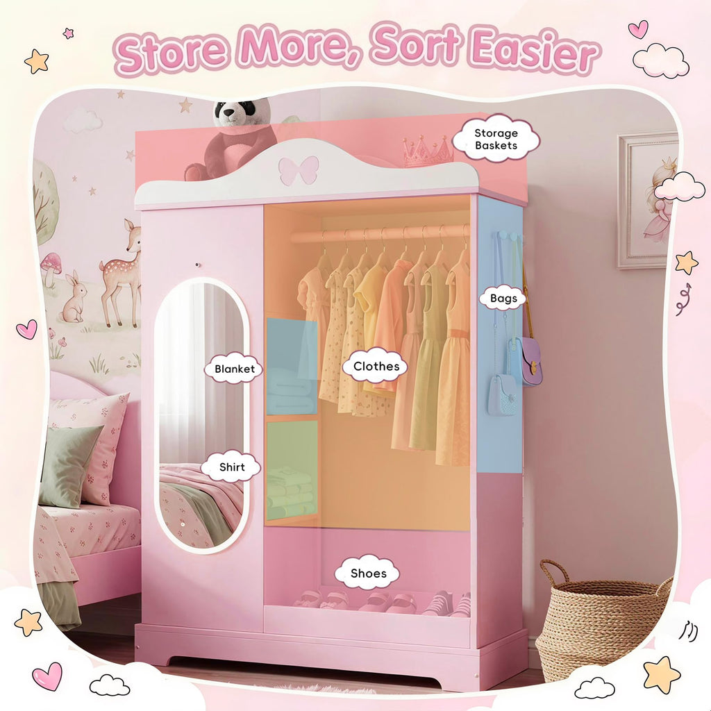 Kids Dress Up Storage with Lighted Mirror, Open Hanging Armoire, Pink