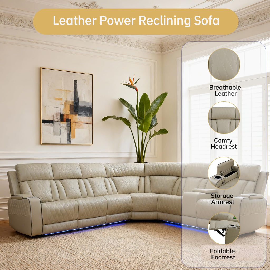 Power Reclining Leather Sectional Sofa Theater, Electric Recliner Couch with Wireless Power, LED Ambient Lighting