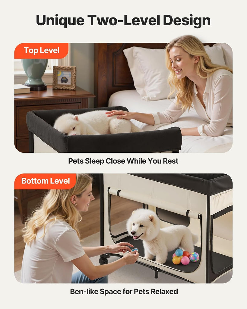Bedside Lounge Pet Bed, Foldable Bunk Dog Bed with 600D Oxford Cloth and Dutch Velvet, Portable Raised Cot