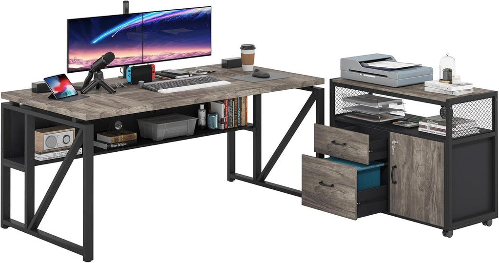 L Shaped Desk with Drawer Cabinet, 63" Executive Computer Desk and lateral File Cabinet