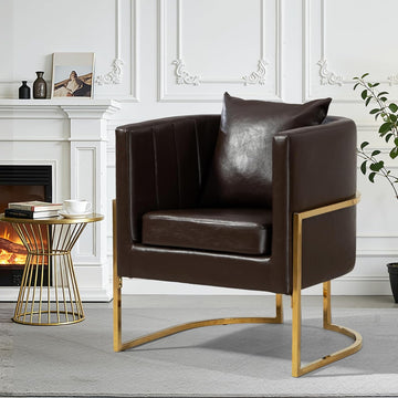 Modern Leather Accent Chair, Mid Century Upholstered Barrel Armchair with Pillow, Comfy Single Vanity Chair