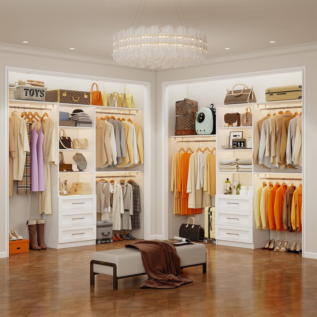 Closet System with 6 Wood Drawers, 6-12FT Closet Organizer System with Cuttable Shelves for Walk in Closet with 6