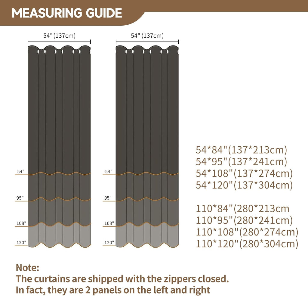 Outdoor Curtains Waterproof, Zipper Design 2 Panels Privacy Weatherproof Blackout Curtain Top & Bottom Grommet